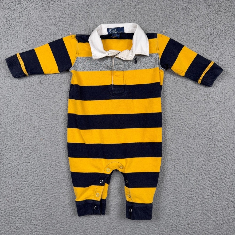 VTG Polo Ralph Lauren Romper Infant‎ Small Navy Yellow Stripe Rugby 3-6 Months